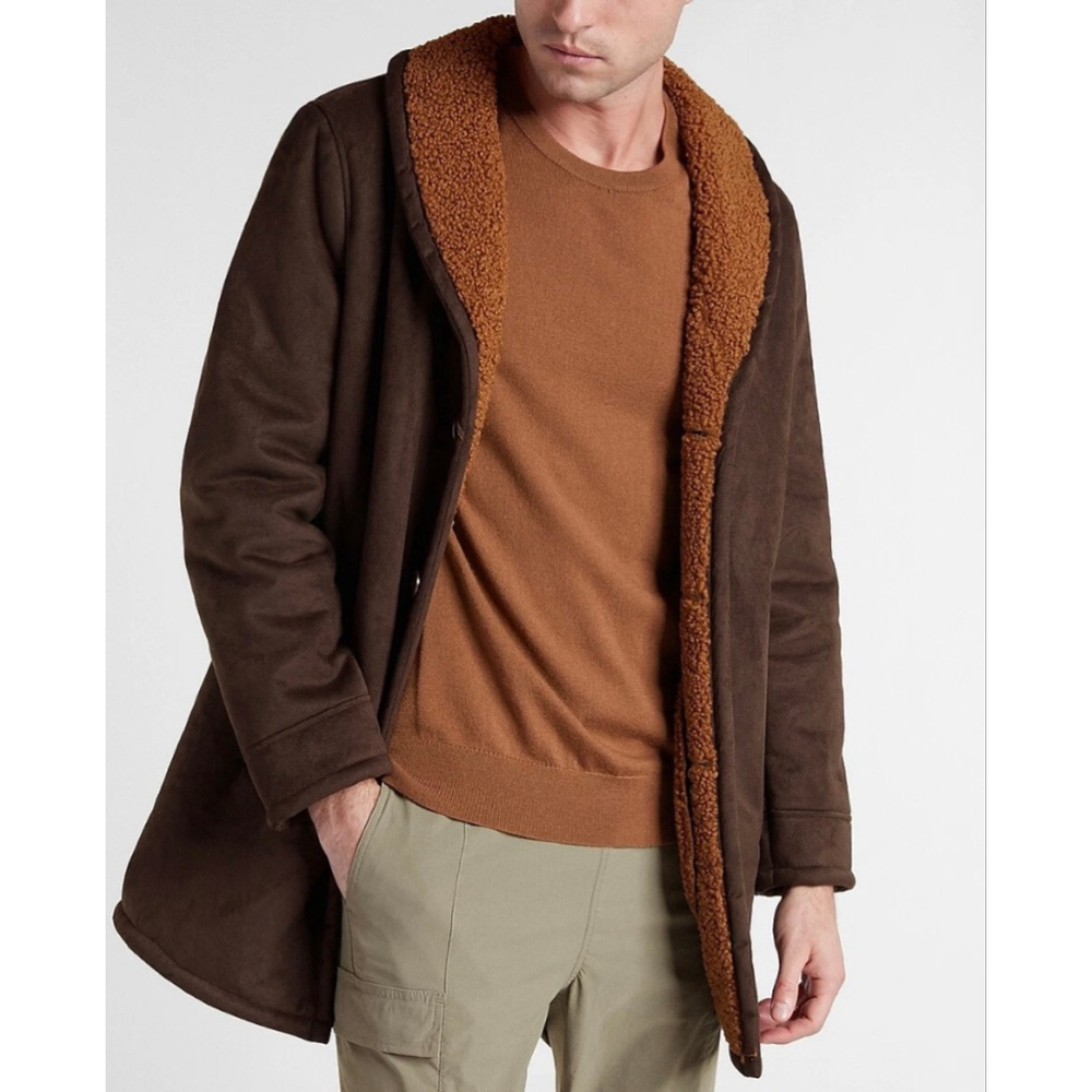 New Express $278 Men Dark Brown Faux Suede Shearling Jacket Sz M Medium Nwt